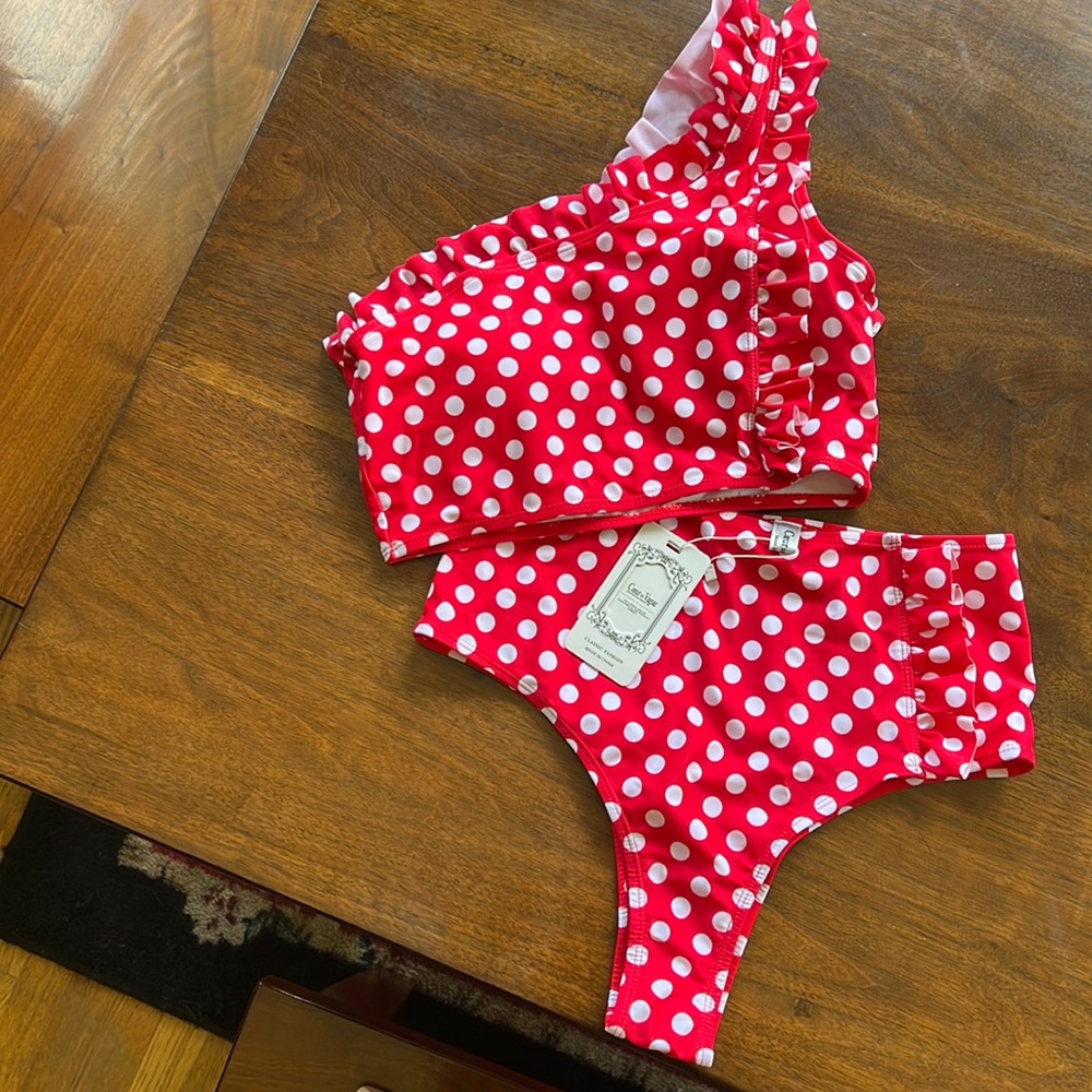 Red and White Polka Dot High Waist 2 -piece